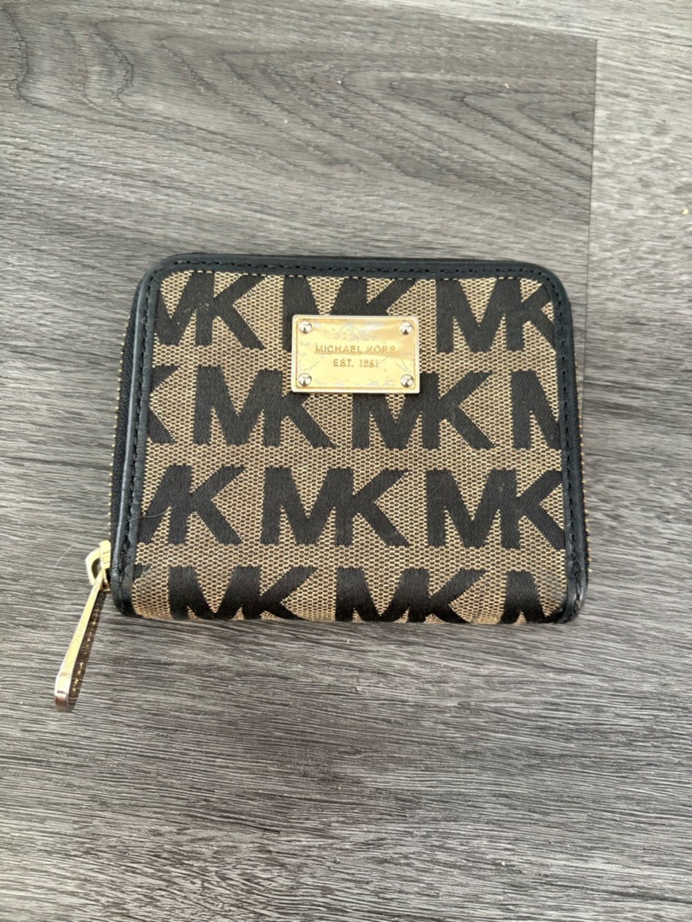 Michael Kors Brown and Black MK Monogram Zip Wallet with Gold Plate